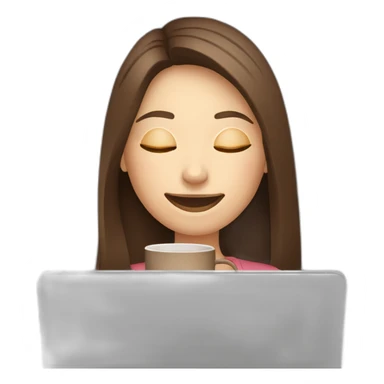 smiling woman with middle brown straight long hair and pale skin eyes closed behind a laptop sipping coffee from a mug sticker