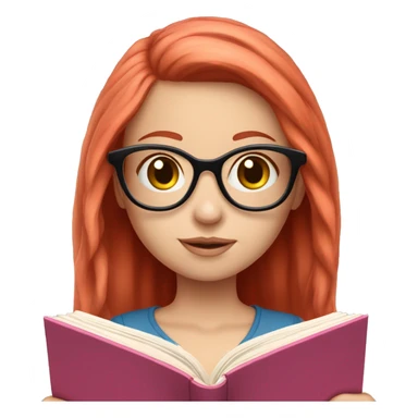 Pale girl with red hair and glasses reading a book she’s got a cute pink outfit sticker