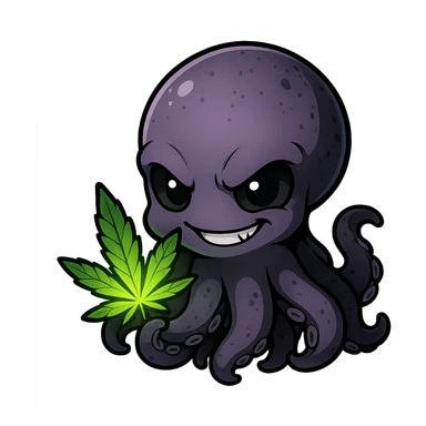 cute small anime kraken with a mischievous grin, holding a glowing green ganja leaf, darknet and drugs theme sticker