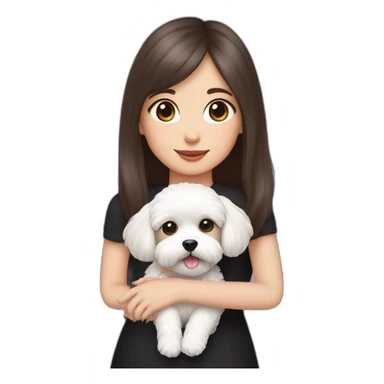 girl brunette with long straight hair dressed in black top hold on the hands, dressed small white puppy girl maltipoo with pink collar sticker