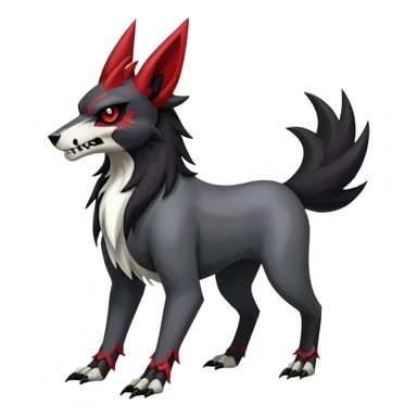 Shiny Exotic Excessive Mysterious Houndoom-HMightyena-Zorua-Zoroark-Zangoose-Houndour-Pokémon-Fakémon-hybrid-creature (full body) with a dog-skull-face sticker