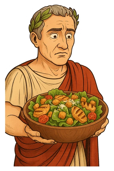 Используя такую стилистику сгенерируй Императора Цезаря, который задумчиво и удивленно держит в руках тарелку с салатом Цезарь, прозрачный фон sticker