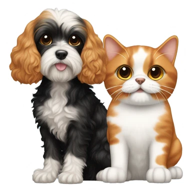 cavapoo dog next to a black, orange, and white colored calico cat sticker