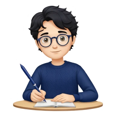 Young creative man with round glasses, wavy black hair, navy blue sweater, with pen in hand sticker