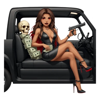 Lilith symbol red eye seductress evil long brown haired sexy succubus woman with leather long dress with slit on, sitting in Big Large F350 pickup truck. Platform long high heels on feet. Back seat full of stacks of cash, she is  Holding a man dead human skull of her enemies and a gun in other hand sticker