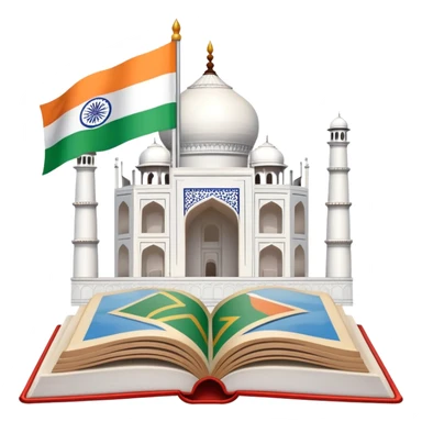 An icon featuring the Taj Mahal and the flag of India, symbolizing the Hindi language. The design includes an open book, representing language learning and cultural richness. Transparent background highlights the heritage of India. sticker