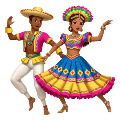 Cinematic Realistic scene of two dancers performing Cumbia, adorned in colorful traditional Colombian costumes with intricate details, captured in rhythmic motion with lively, festive lighting sticker