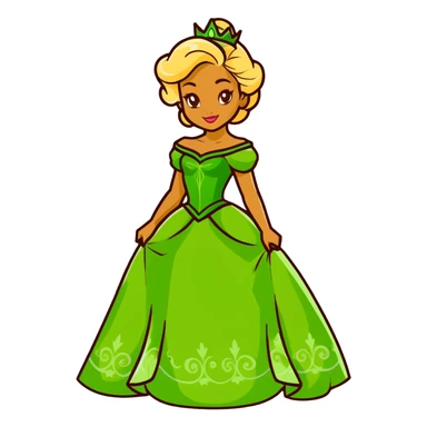 Disney Princess Tiana with super long blonde curly hair, green princess dress sticker
