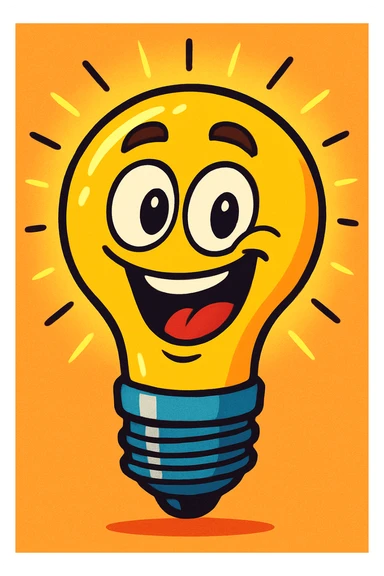 funny smart light bulb, playful, cartoon style, vibrant colors, expressive face, whimsical, big eyes, smiling, exaggerated features, comic style sticker