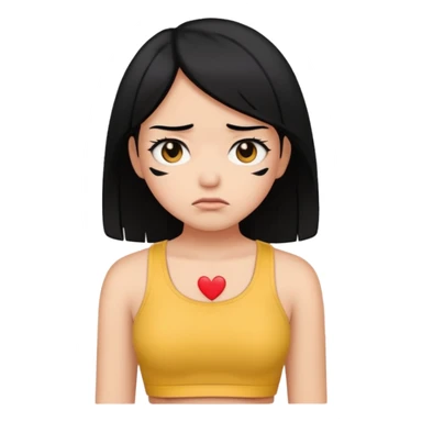 OnlyFans model with black hair, wearing a crop top, looking sad, emoji style sticker