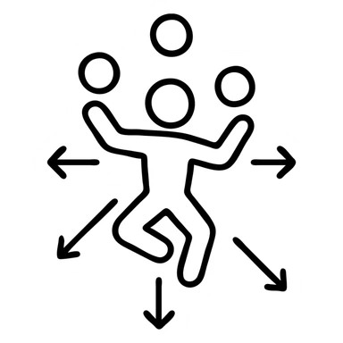 icon of a person leaping while juggling tasks, arrows radiating outward, energetic and organized, playful but focused, planning theme sticker