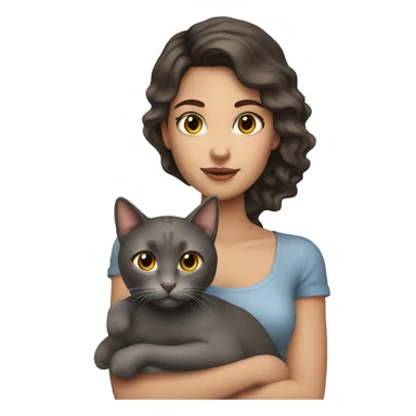 pretty wavy brunette woman with brown eyes holding grey cat sticker