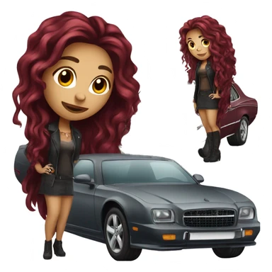 Beautiful tattooed burgundy long haired woman standing next to a car sticker