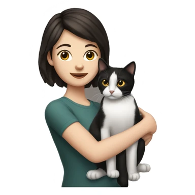 white woman with short dark brown hair holding one black and white cat sticker
