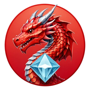 red dargon with the logo behind of a red cirlce with dimond shave with a cube red achritey sticker