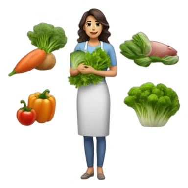 woman latina nutriologist with some vegetables an meat an fish sticker