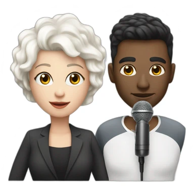 White man with dark hair next to a white woman with very short white hair, podcasting with mics and a MacBook sticker