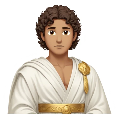 Cinematic Realistic Hercules Portrait, depicted as a classical Greek hero inspired by the Disney version yet echoing the refined proportions and serene dignity of Michelangelo's David. His idealized, tan skin glows with timeless strength, and his thick, curly wavy dark brownhair falls in natural, sculpted curls. Draped in a flowing white robe with delicate golden accents, his expressive eyes radiate determined nobility, all rendered under dynamic natural lighting with a mythic, radiant glow. sticker