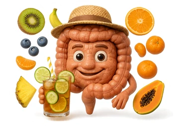 EMOJI STILE IPHONE DI INTESTINO UMANO REALISTICO CON CAPPELLO DI PAGLIA DA SPIAGGIA CHE BEVE UN Tè FREDDO IN BICCHIERE DI VETRO CON DENTRO  fette di cetriolo, limone, lime, DIETRO L'INTESTINO FLUTTUANO PEZZETTI DI Kiwi
Banana acerba
Arance e mandarini
Mirtilli
Ananas
Papaya
IPERREALISTICO 4K sticker
