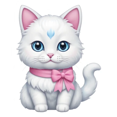 white cat sitting and she has a pink small bow on her right ear,she has blue eyes sticker