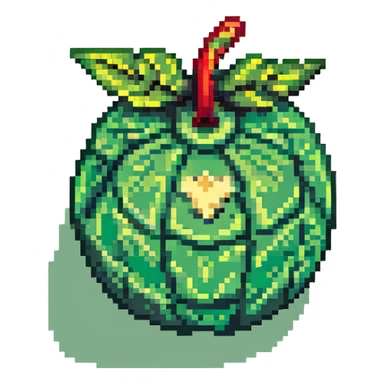 Green digital bomb with leaf-shaped fuse or vine on top, round bomb body with green highlights and details, nature-inspired design, pixel art style sticker
