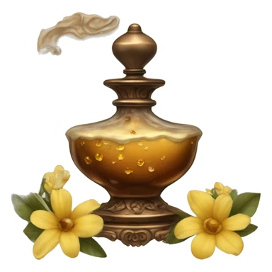 An antique perfume bottle with oil made of bronze and brown crystals, from which white cream and coffee milk flow, yellow flowers of fragrant vanilla lie next to it sticker