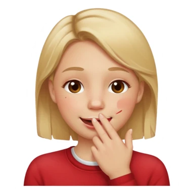 Hand over mouth with blushed cheeks more redness on cheek and smiling  more more redness  dirty blonde hair  sticker