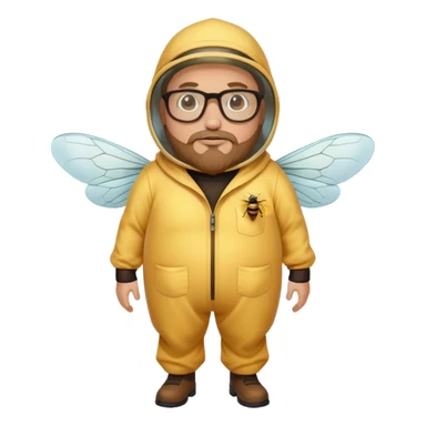 full body plus size bee keeper with light brown hair a goatee wearing glasses with a bee face sticker