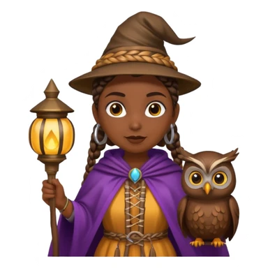 woodland emoji character, dark skin woman with braids dressed as owl mage, feather cape, holding lantern sticker