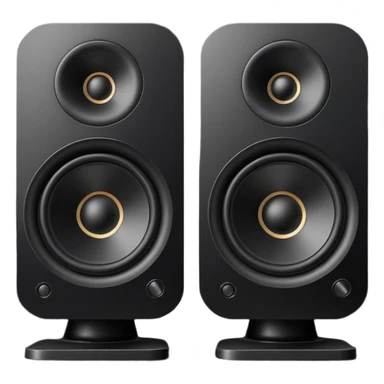 pair of big speakers emoji, deep matte black metal body, circular speaker cones with subtle depth, smooth rounded edges, minimalistic futuristic 3D style, luxury aesthetic sticker