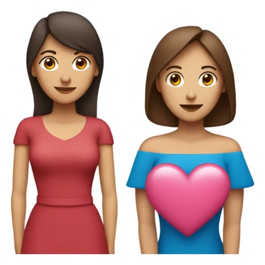 two ladies in love with a heart. the one on the left is a white lady with blue eyes and a brown bob with a pink shirt. the second is a venezuelan lady with brown eyes and dark brown hair with a red dress sticker
