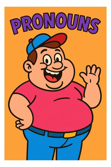 a chubby man with 'PRONOUNS' at the top, playful and meme-like, vibrant toon style sticker