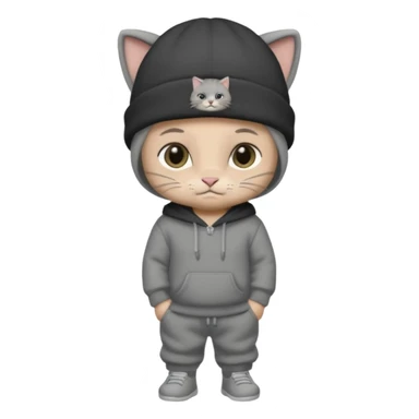 Grey baby cat wearing a black raider beanie and charcoal sweat pants  sticker