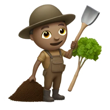 truffle hunter with small gardening shovel and truffle sticker