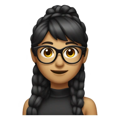 female, bangs on ponytail, black hair, black glasses, cute smile, note sticker