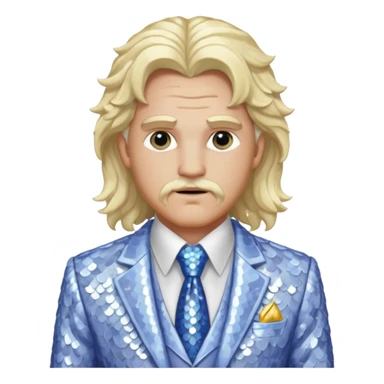 Zeus from Greek Mythology with long white blonde wavy hair, white sequin suit jacket and tie, periwinkle shirt sticker