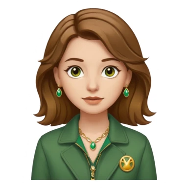 White girl with hazel Brown eyes Brown and slighly wavy medium hair. Make her with a green jacket and gold jewlery.  sticker