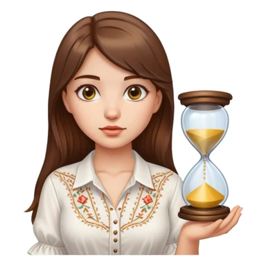 A Ukrainian girl with brown hair wearing a white embroidered shirt holds an hourglass in her hand sticker