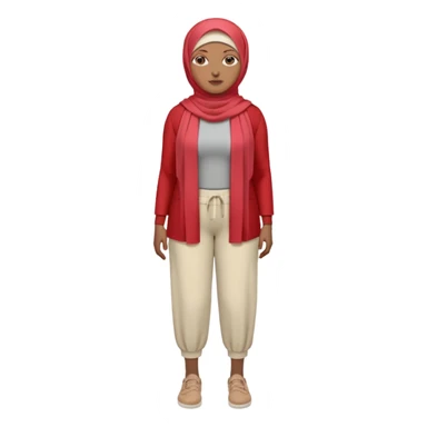 Heavy-set woman with medium-brown skin wearing a light red hijab, cream top, light red pants, tan shoes, and a visible gray below-knee prosthetic leg. Standing confidently with one hand on her hip sticker