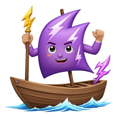 an animated gif emoji of a buff purple lightning bolt sailing away on a boat sticker