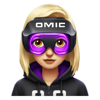 Russian cute blond girl wearing black hoody with violet letters "OMG", in vr headset. Cyberpunk style. Violet neon. sticker