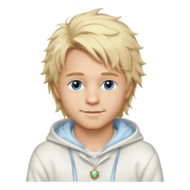 Create a look for a blond boy with long, tousled hair, light eyes, a white sweater, a wealthy appearance, blue eyes, and accessories like a Rolex or Cartier watch, and a cute face with messy hair down. blue eyes + + pajama white fluffy + hood fluffy sticker