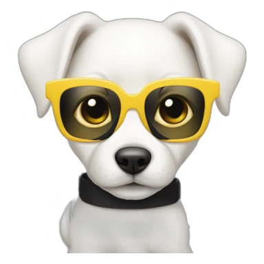 completely white puppy in yellow square glasses with a black dress sticker