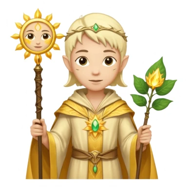 {
      "type": "human",
      "look": "light elf healer, golden robe, staff with leaf and sun motif",
      "description": "a light elf healer wearing a golden robe and holding a staff with leaf and sun symbols"
    } sticker
