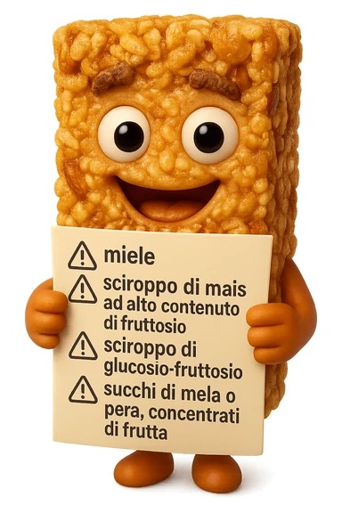 SU QUESTO STILE FAI UN EMOJI STILE IPHONE 3D DI UNa barretta ai cereali con ETICHETTA CON GLI INGREDIENTI SCRITTI, "miele, sciroppo di mais ad alto contenuto di fruttosio, sciroppo di glucosio-fruttosio, succhi di mela o pera,
concentrati di frutta" accanto ad ogni nome scritto mettici un segnale di allarme, FALLO MOLTO REALISTICO IN 3D sticker