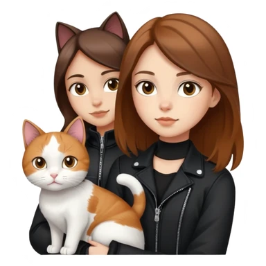Light-skinned girl with brown hair wearing black jacket with white cat and calico cat sticker