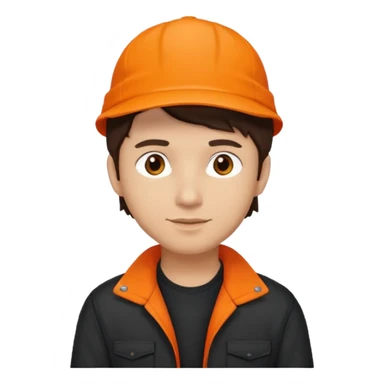 Kindly Keyin (male) with light skin, dark brown hair, orange cap and shirt, black jacket sticker