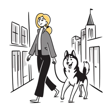 Blonde woman walking a happy Siberian husky in New York City on an upper east side city sidewalk  sticker