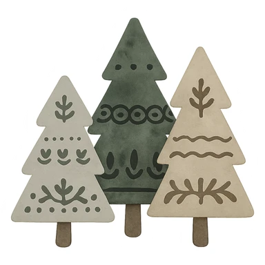 illustration of evergreen trees blending Scandinavian and Slavic folk motifs, dark neutral forest color tones, watercolor texture with outlines, transparent background, suitable for favicon sticker