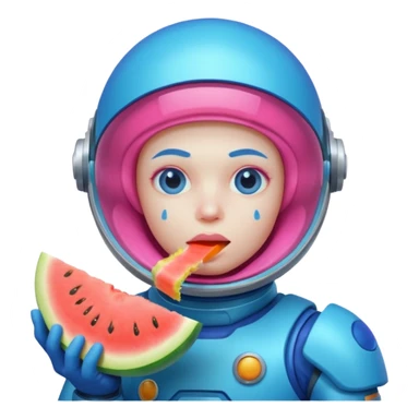 Neon pink and blue spaceman eating melon looking suspicious sticker